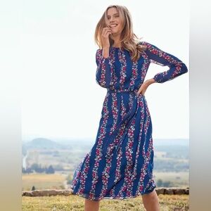 Boden Navy Floral Navy Long Sleeve Midi Kathleen Spring Dress Size 4